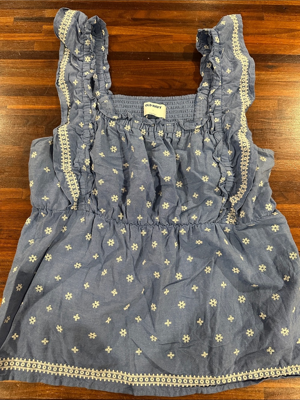 Old Navy Blue Embroidered Ruffle Tank Top